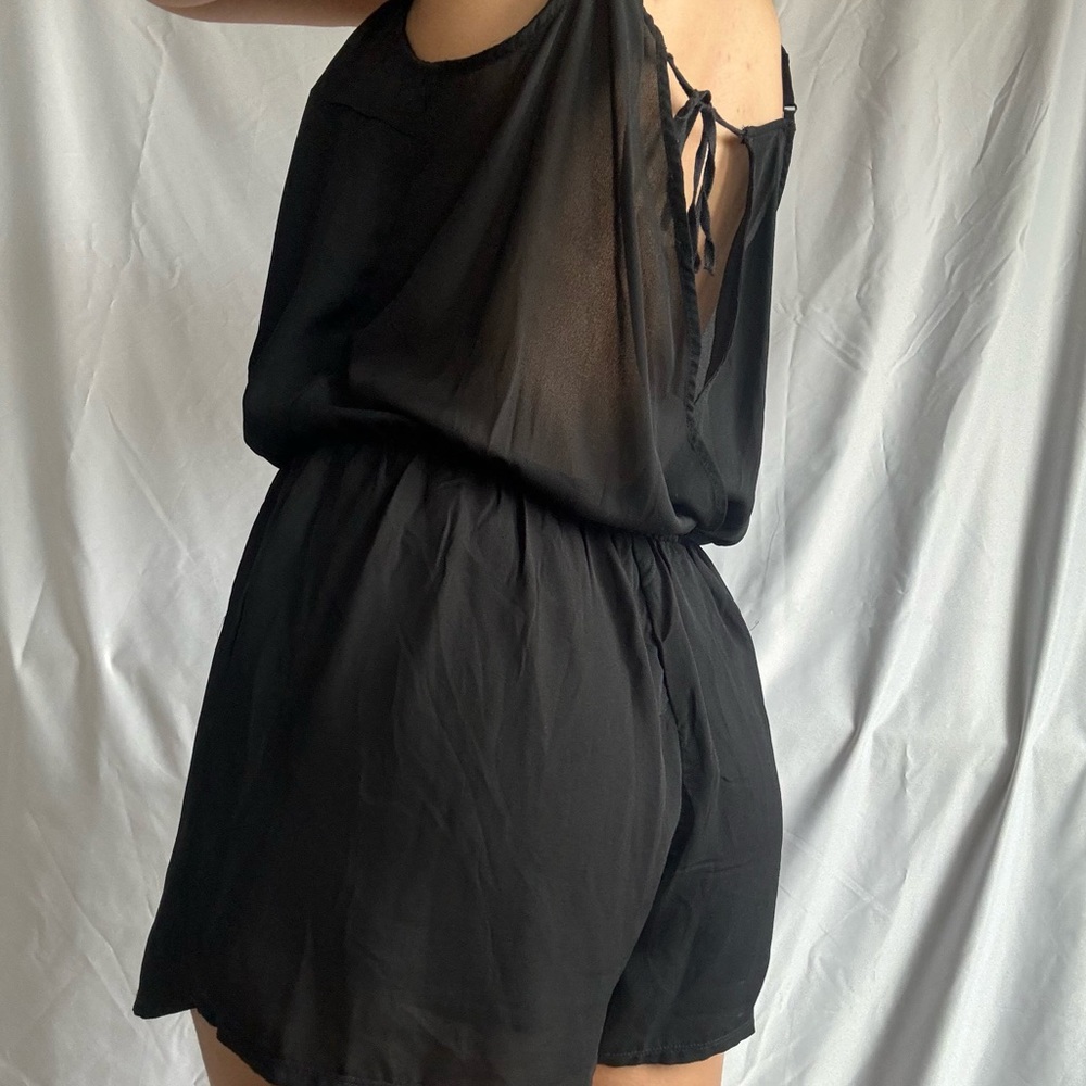 Black Backless Tie Back Romper with Gold Bead Lining - Picture 2 of 9